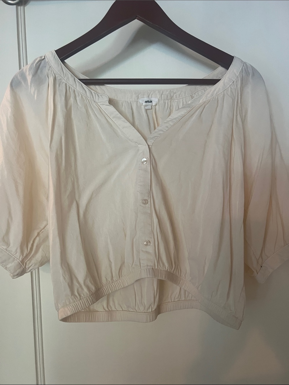 aerie Cream Button-Front Cropped Peasant Blouse